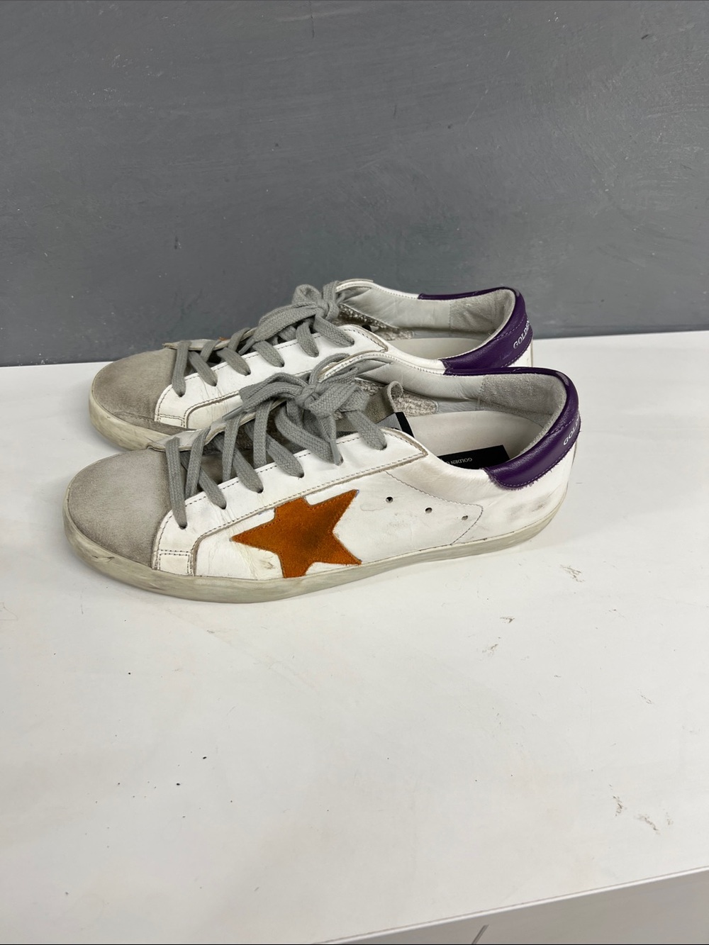 Golden Goose White Leather Sneakers with Orange Star and Purple Heel Tab
